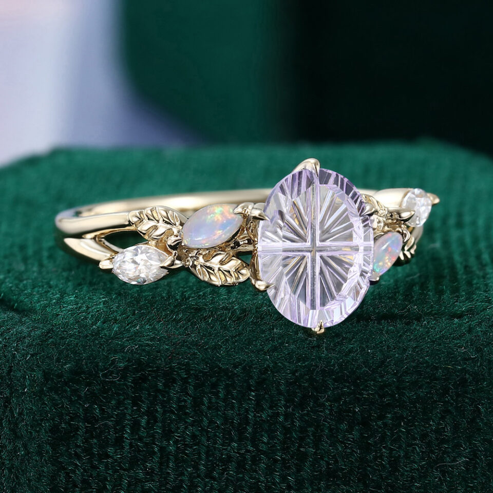 Oval Fatasy Cut Lavender Haze YAG Nature Inspired Engagement Ring with Leaf Accents (4)