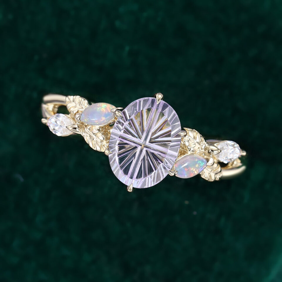 Oval Fatasy Cut Lavender Haze YAG Nature Inspired Engagement Ring with Leaf Accents (5)