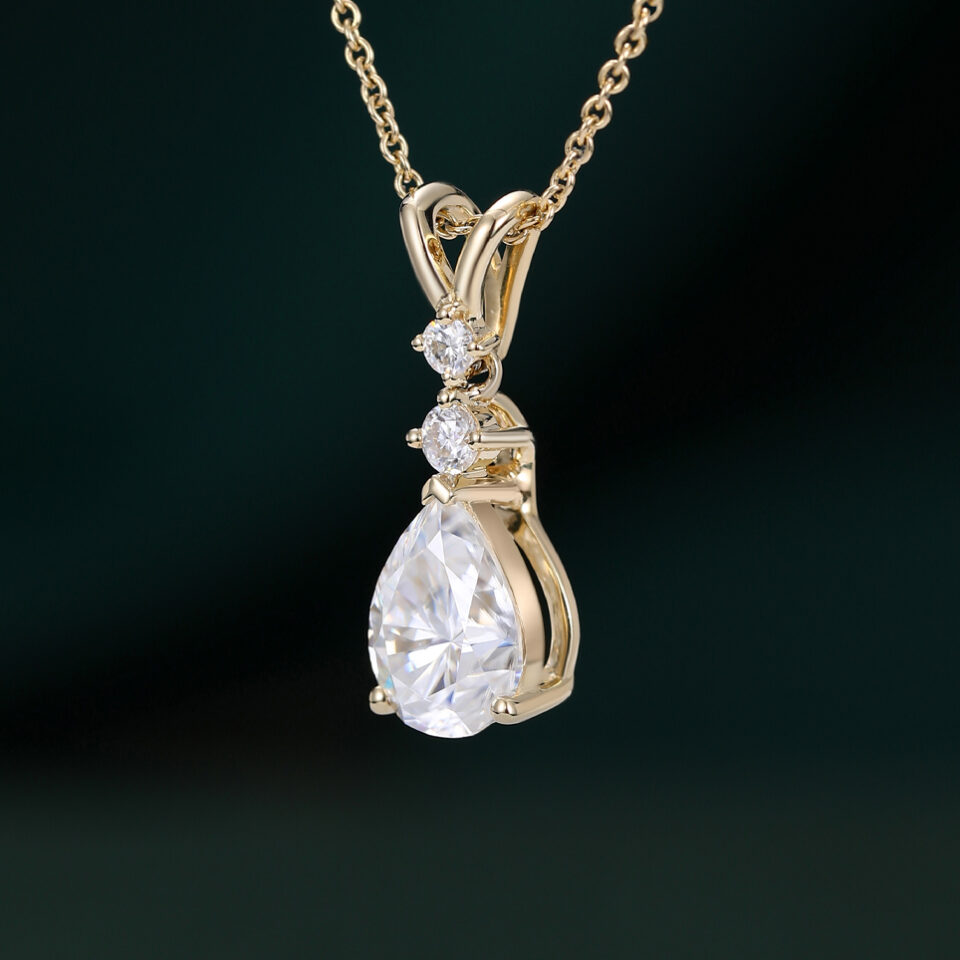 Pear Cut Moissanite Three Stone Pendant Necklace with Diamond Accents (28)