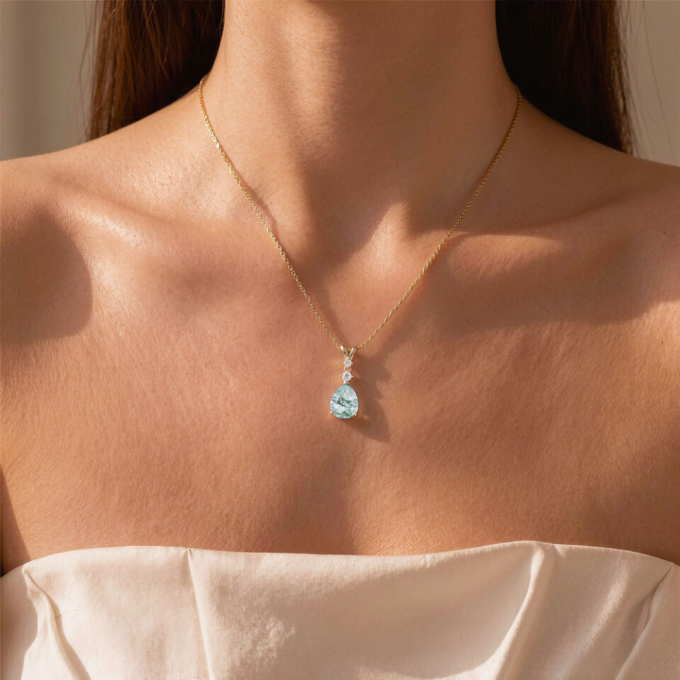 Pear Cut Moss Agate Three Stone Pendant Necklace with Diamond Accents (12)