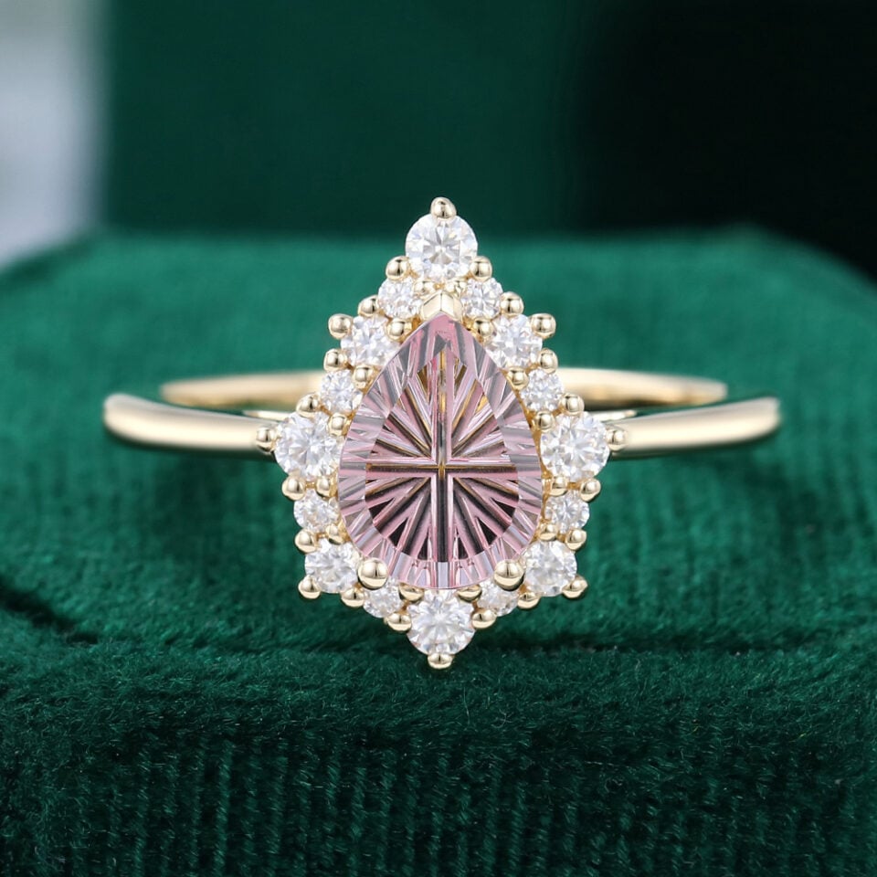 Fantasy Cut Pear Shaped Lab Pink Sapphire Engagement Ring Unique Halo Bridal Ring