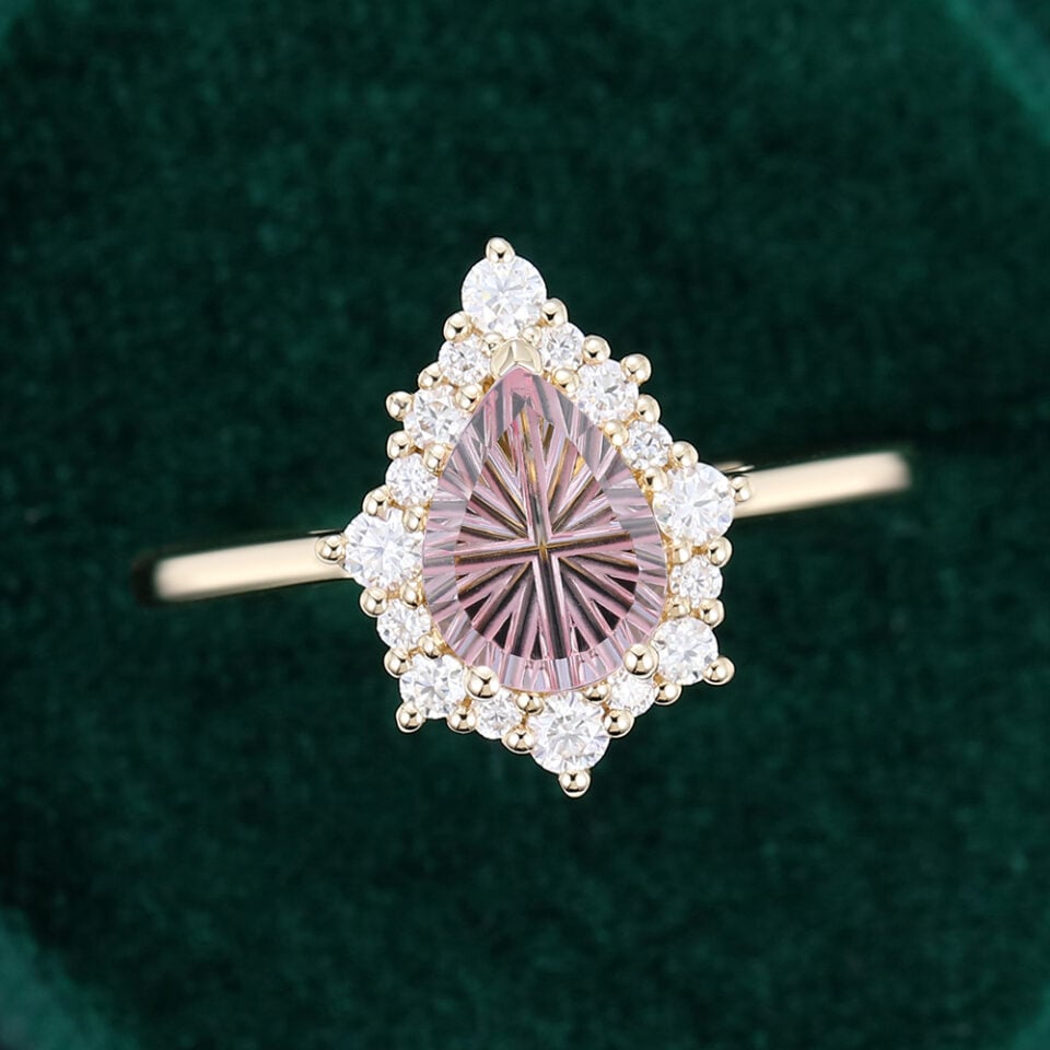 Pear Fantasy Cut Lab Pink Sapphire Engagement Ring Unique Halo Bridal Ring (2)