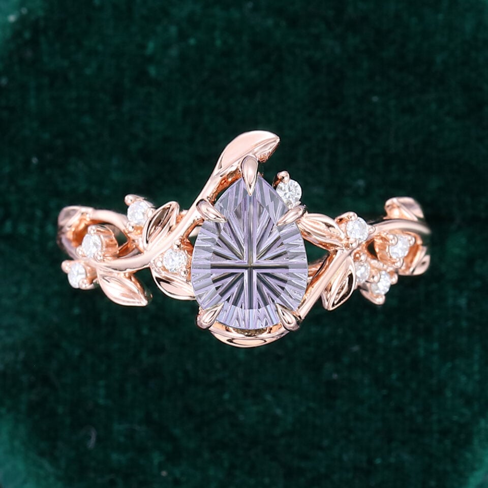 Pear Fantasy Cut Lavender Haze YAG Engagement Ring with Olive Leaf Band (3)