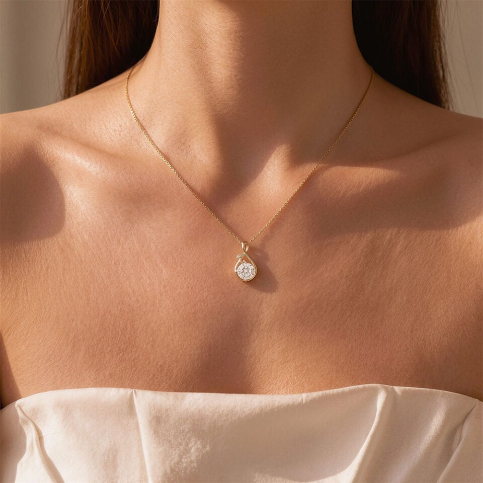 Round Cut Moissanite Infinity Pendant Necklace With Leaf Accents (1)
