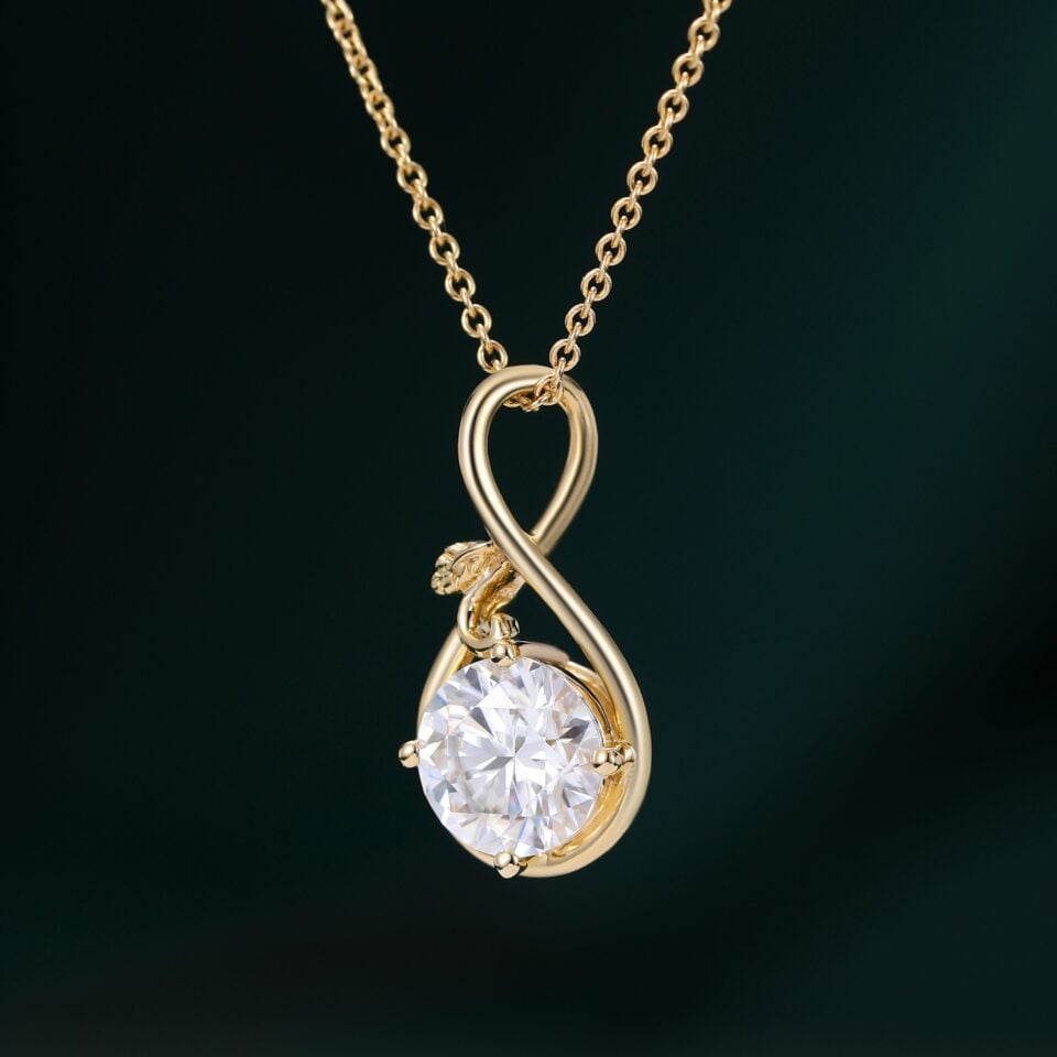 Round Cut Moissanite Infinity Pendant Necklace With Leaf Accents (15)
