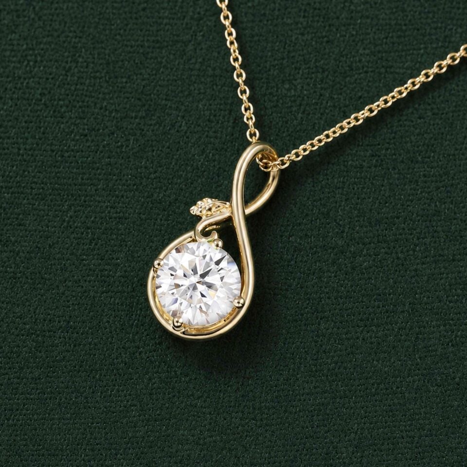 Round Cut Moissanite Infinity Pendant Necklace With Leaf Accents (18)