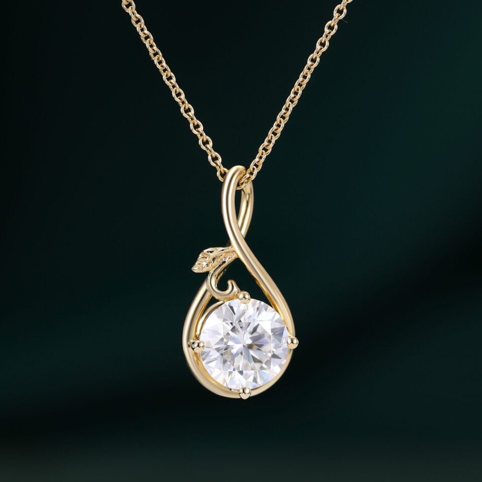 Round Cut Moissanite Infinity Pendant Necklace With Leaf Accents