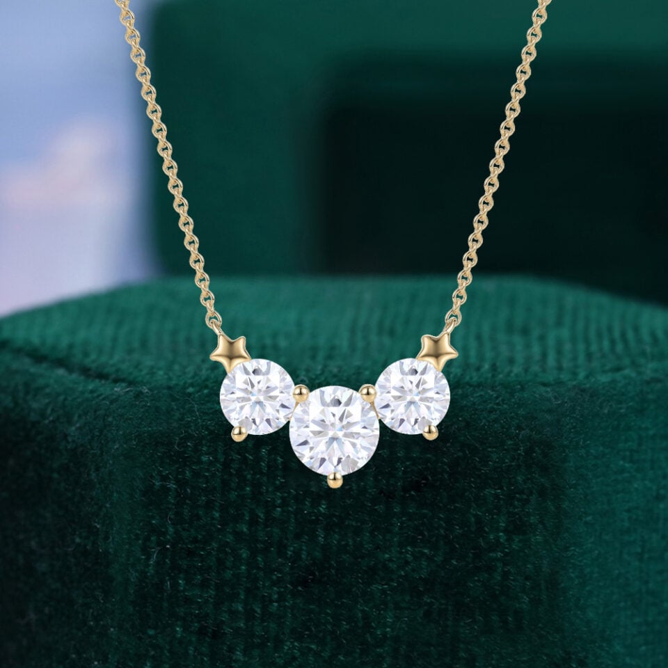 Round Cut Moissanite Three Stone Necklace with Star Accents