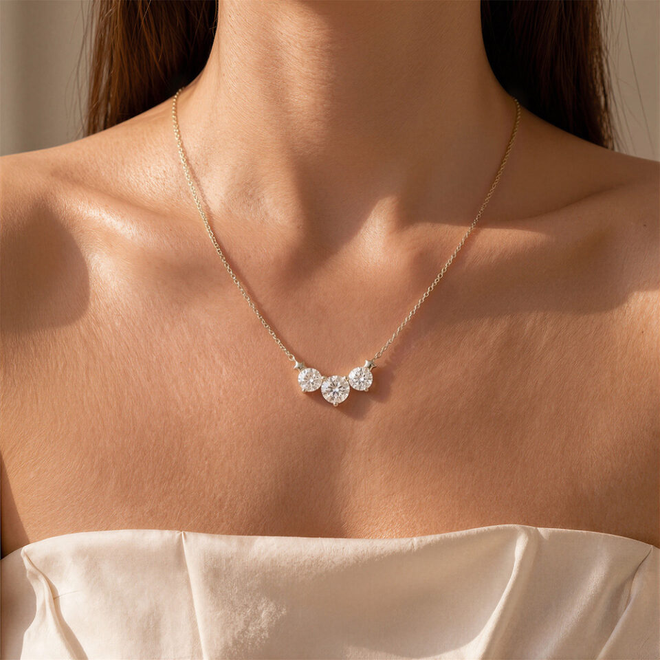 Round Cut Moissanite Three Stone Necklace with Star Accents (13)