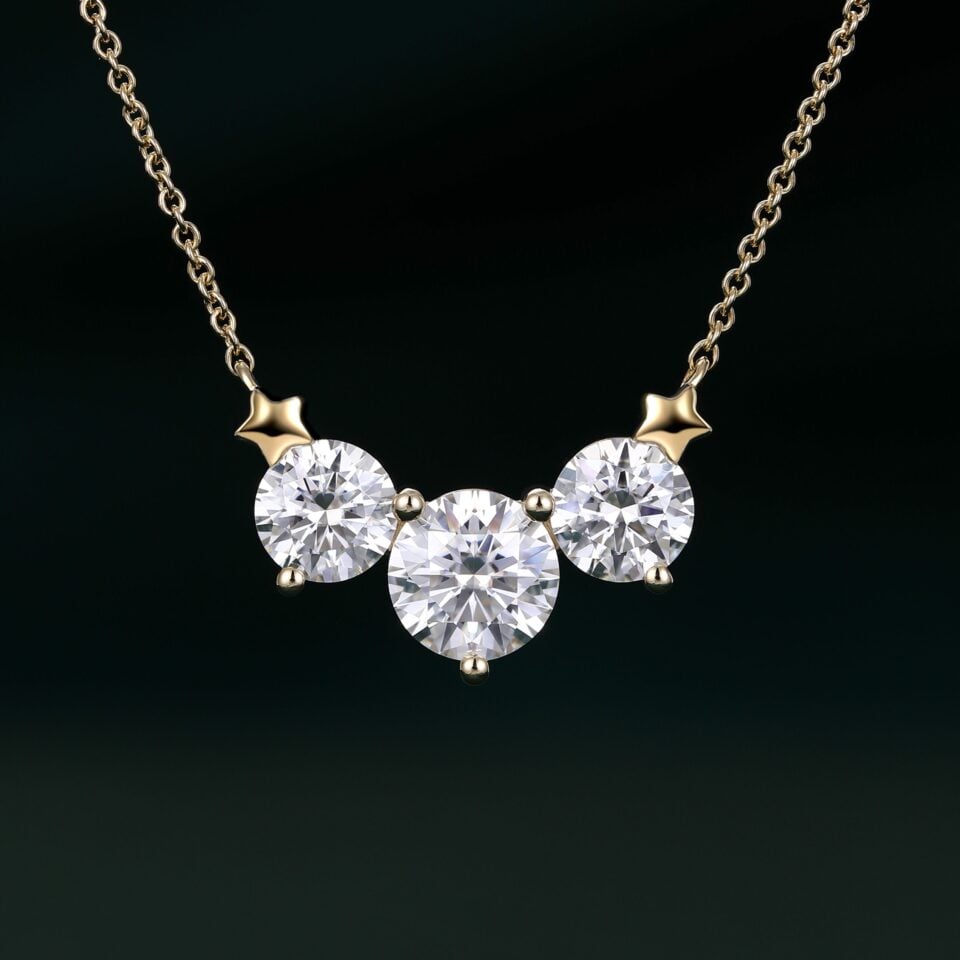 Round Cut Moissanite Three Stone Necklace with Star Accents