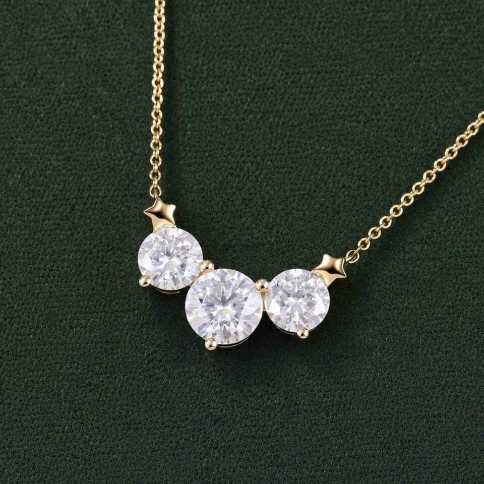 Round Cut Moissanite Three Stone Necklace with Star Accents (18)