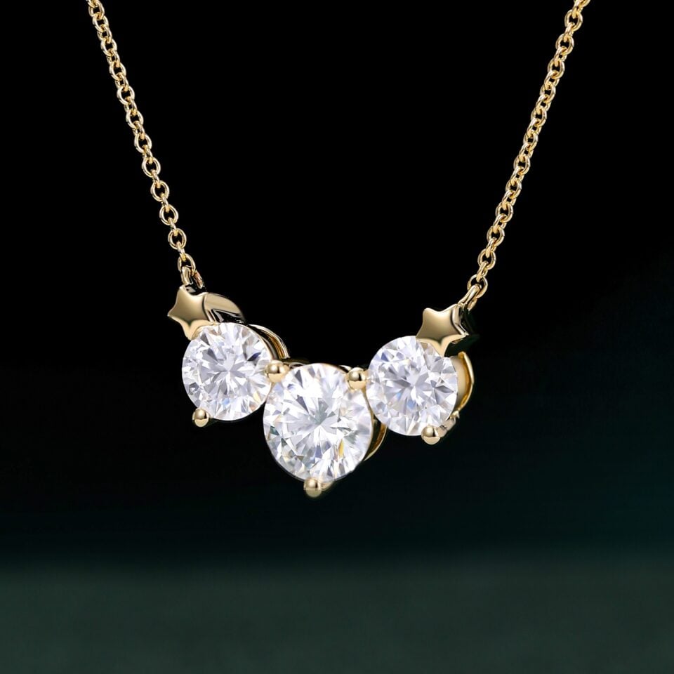 Round Cut Moissanite Three Stone Necklace with Star Accents (19)