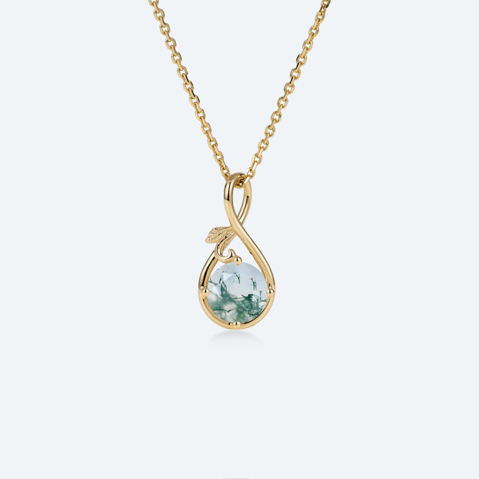 Round cut moss agate infinity pendant necklace with leaf accents
