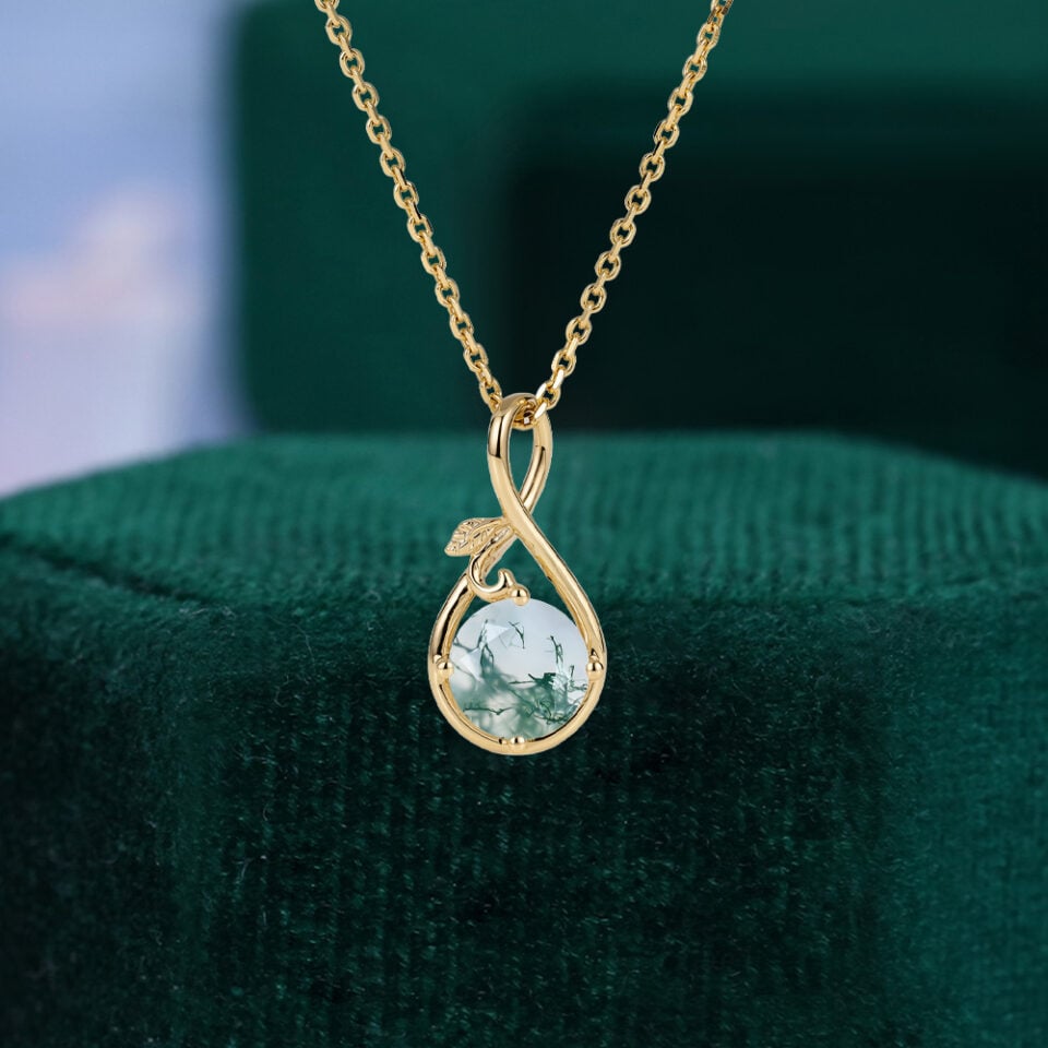 Round Cut Moss Agate Infinity Pendant Necklace With Leaf Accents