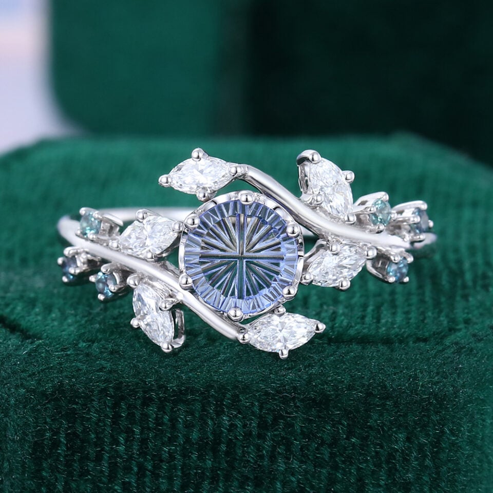 Fantasy Cut Round Shaped Lab Cornflower Sapphire Engagement Ring With Twisted Twig Shank
