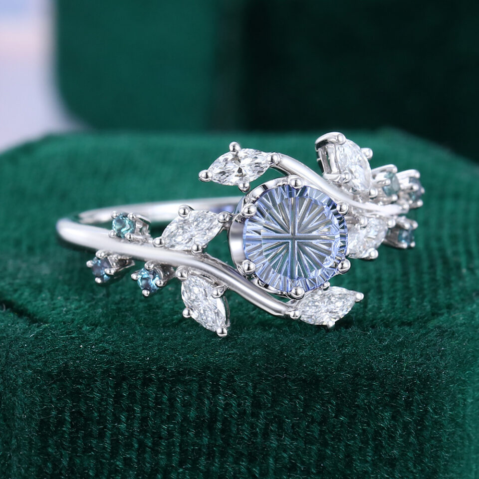 Round Fantasy Cut Lab Cornflower Sapphire Engagement Ring With Twisted Twig Shank (2)
