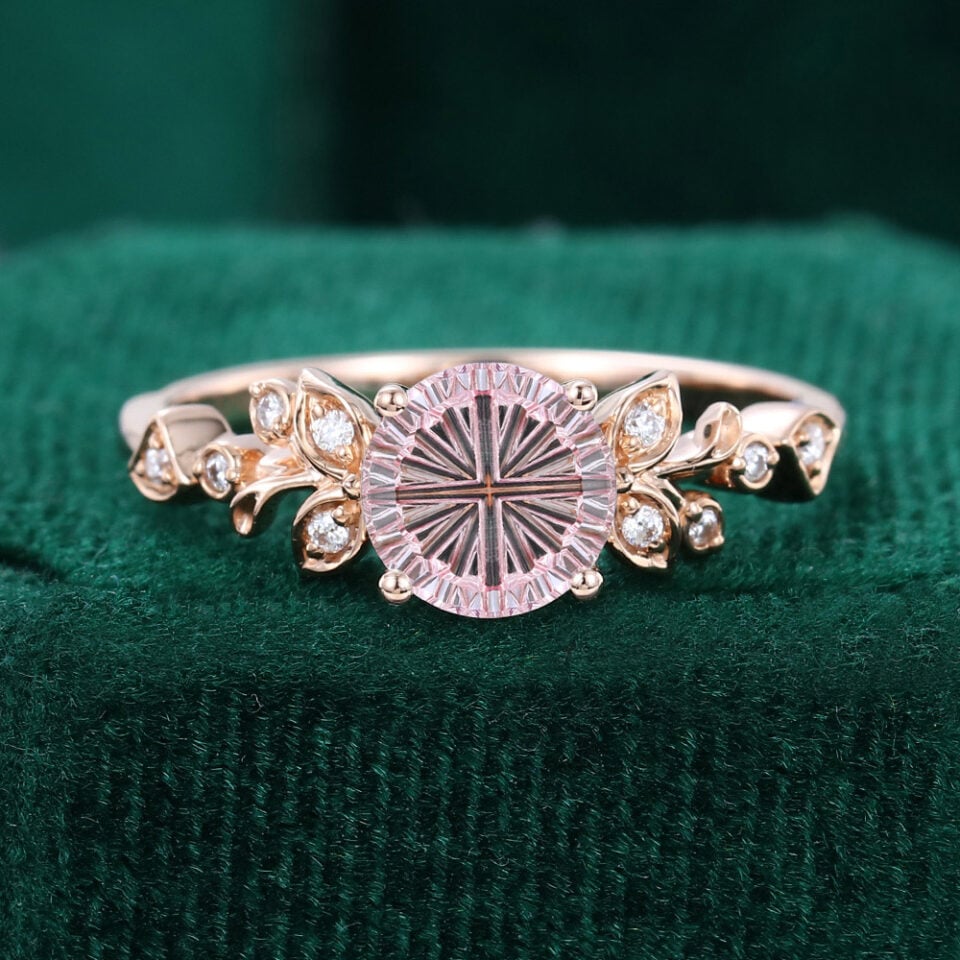 Fantasy Cut Round Shaped Lab Pink Sapphire Engagement Ring Nature Inspired Leaf Bridal Ring