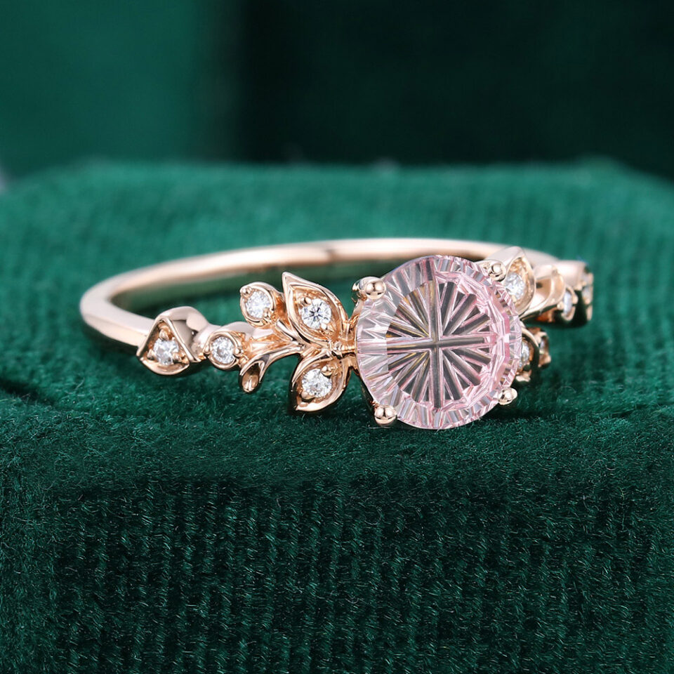 Round Fantasy Cut Lab Pink Sapphire Engagement Ring Nature Inspired Leaf Bridal Ring (2)