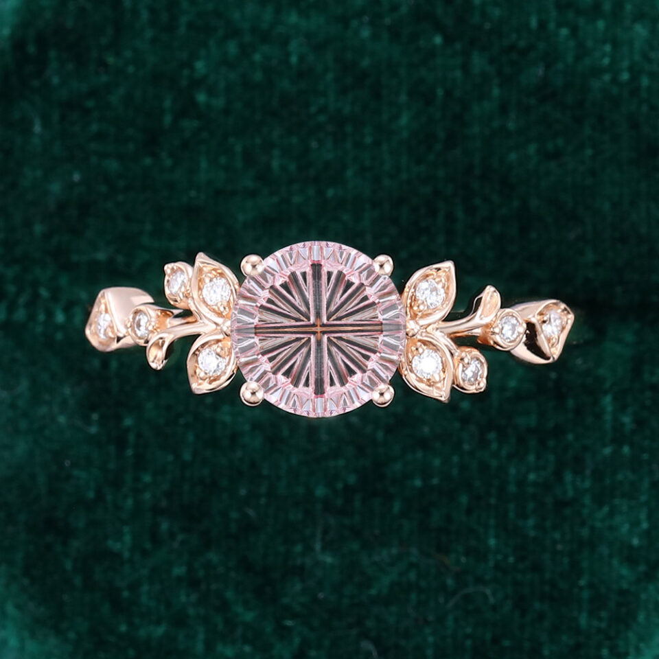 Round Fantasy Cut Lab Pink Sapphire Engagement Ring Nature Inspired Leaf Bridal Ring (3)