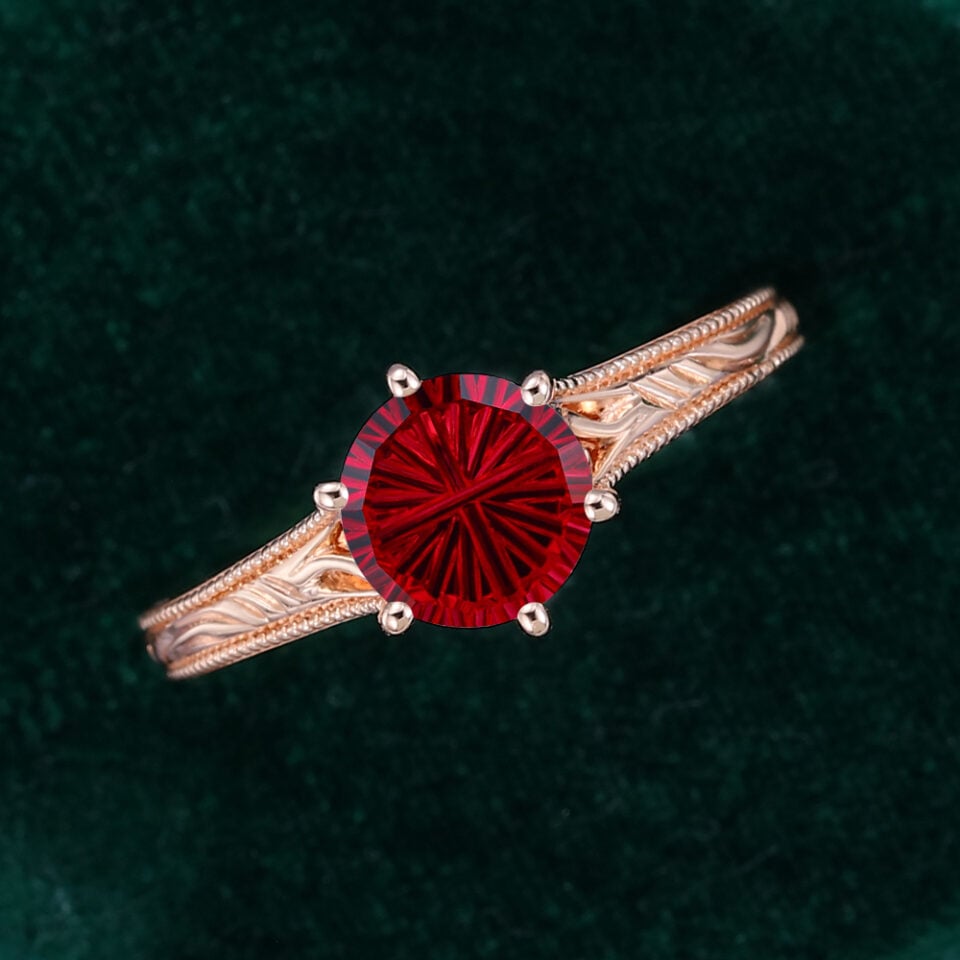 Round Fantasy Cut Lab Ruby Vintage Promise Ring Milgrain Design Engagement Ring (3)