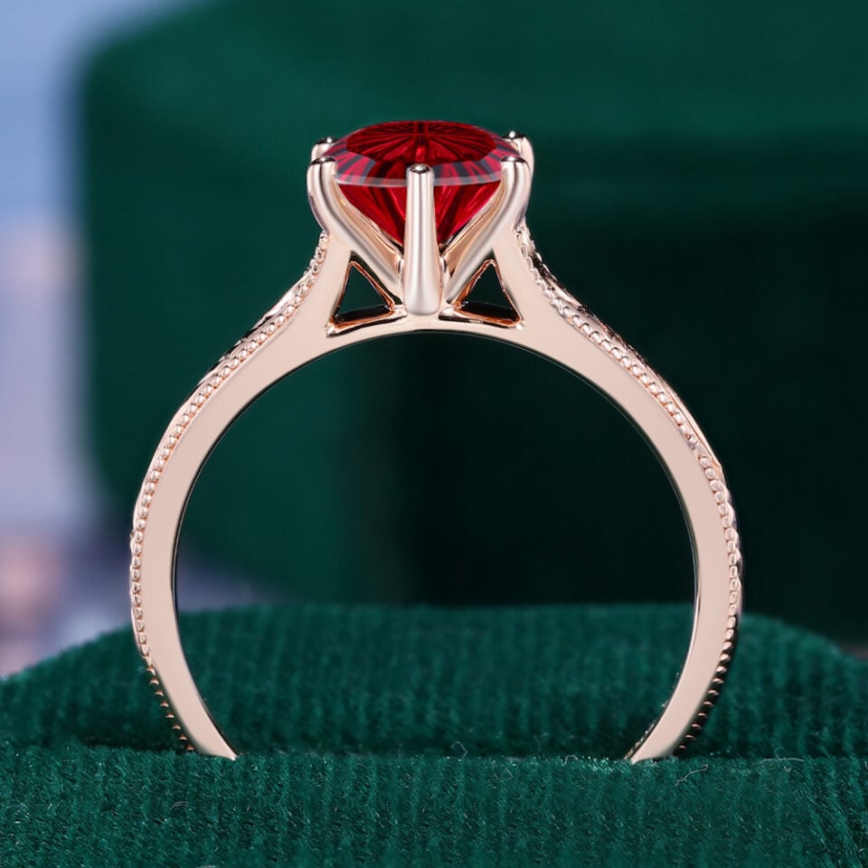 Round Fantasy Cut Lab Ruby Vintage Promise Ring Milgrain Design Engagement Ring (4)