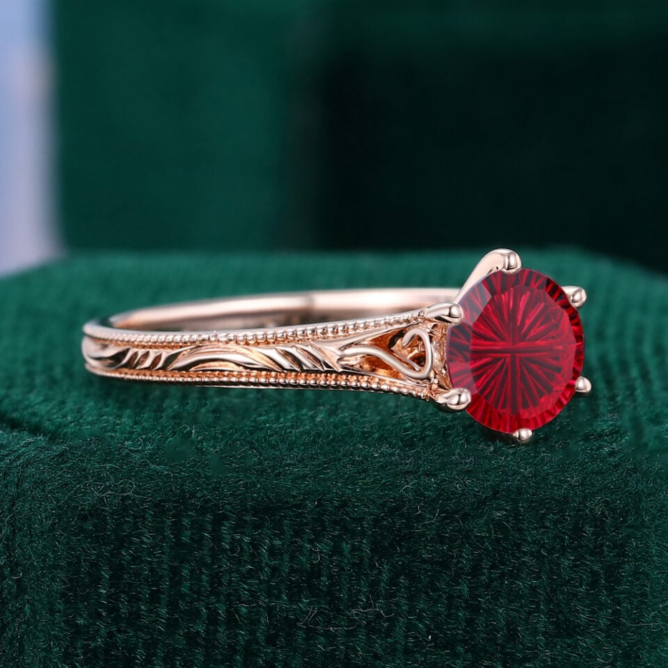 Round Fantasy Cut Lab Ruby Vintage Promise Ring Milgrain Design Engagement Ring (5)