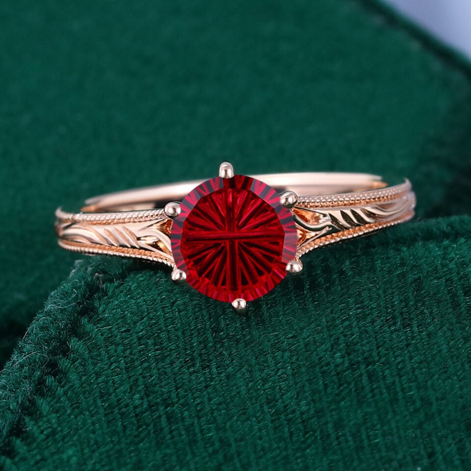 Round Fantasy Cut Lab Ruby Vintage Promise Ring Milgrain Design Engagement Ring (6)