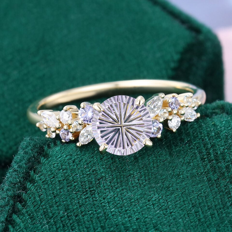 Round Fantasy Cut Lavender Haze YAG Asymmetric Cluster Band Whimsical Romantic Elven Engagement Ring (2)