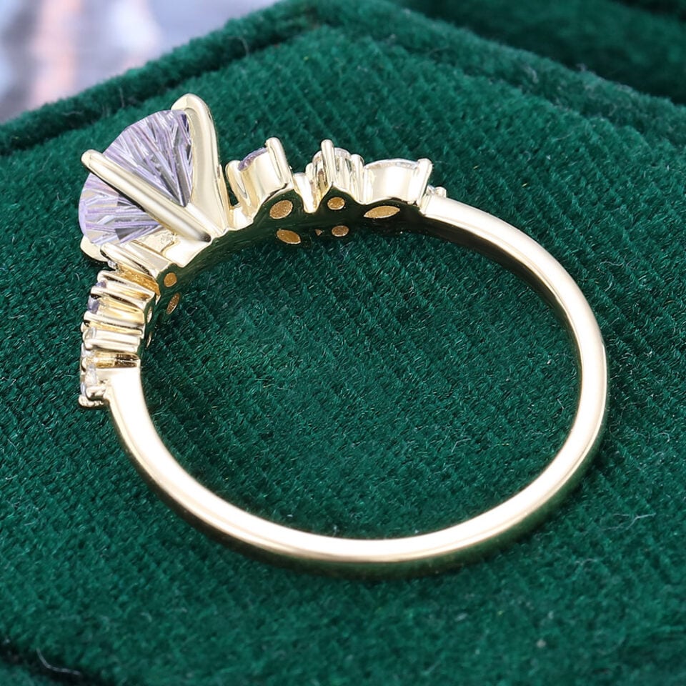 Round Fantasy Cut Lavender Haze YAG Asymmetric Cluster Band Whimsical Romantic Elven Engagement Ring (3)