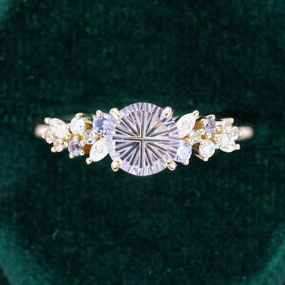 Round Fantasy Cut Lavender Haze YAG Asymmetric Cluster Band Whimsical Romantic Elven Engagement Ring (4)