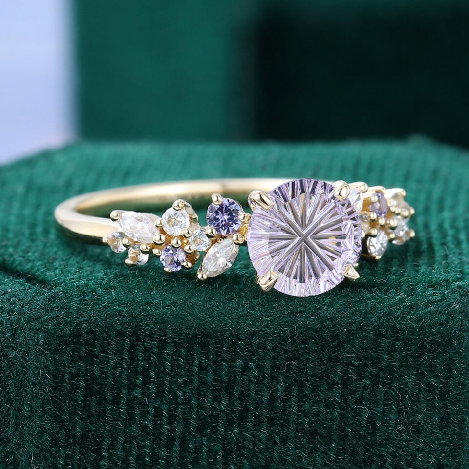 Round Fantasy Cut Lavender Haze YAG Asymmetric Cluster Band Whimsical Romantic Elven Engagement Ring (5)