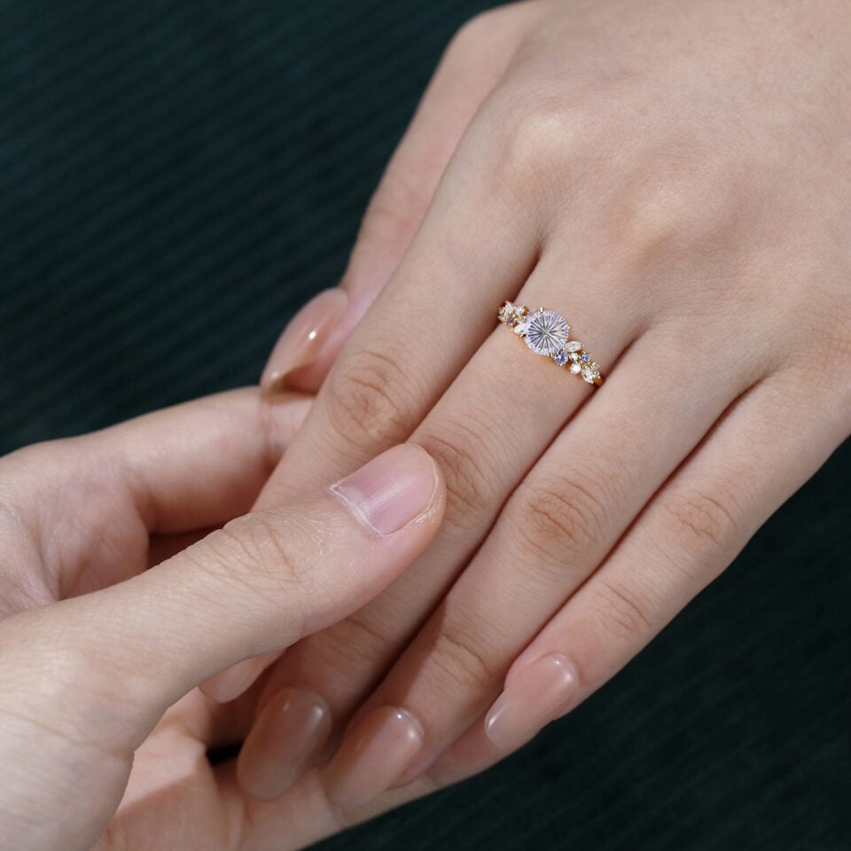 Round Fantasy Cut Lavender Haze YAG Asymmetric Cluster Band Whimsical Romantic Elven Engagement Ring (6)