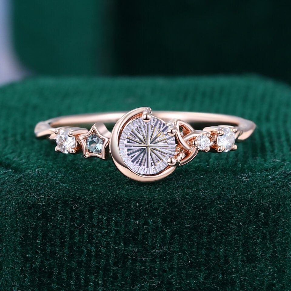 Fantasy Cut Round Shaped Lavender Haze YAG Crescent Moon Star Band Whimsical Celestial  Fairy Promise Ring