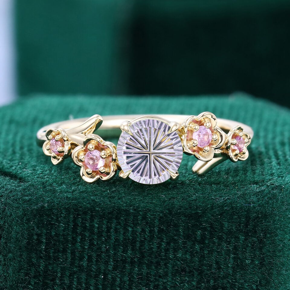 Fantasy Cut Round Shaped Lavender Haze YAG Flourish Promise Ring