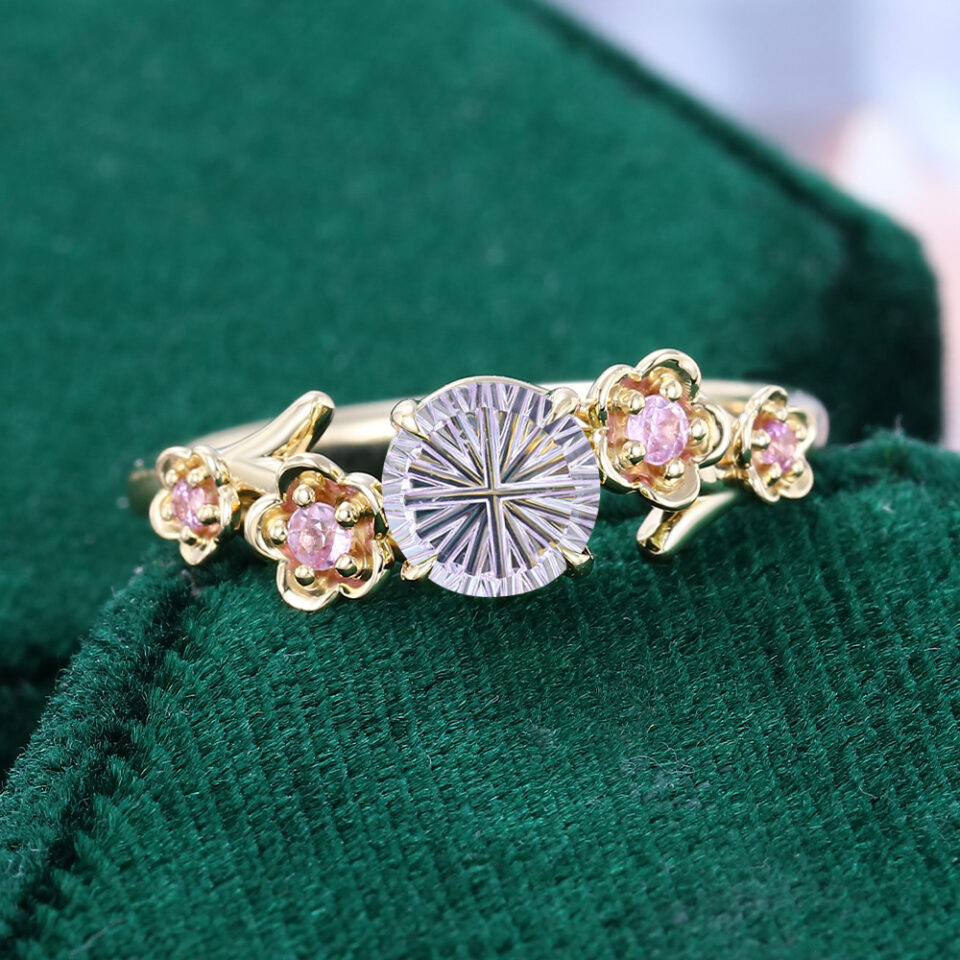 Round Fantasy Cut Lavender Haze YAG Promise Ring Peridot Flourish Engagement Ring (4)