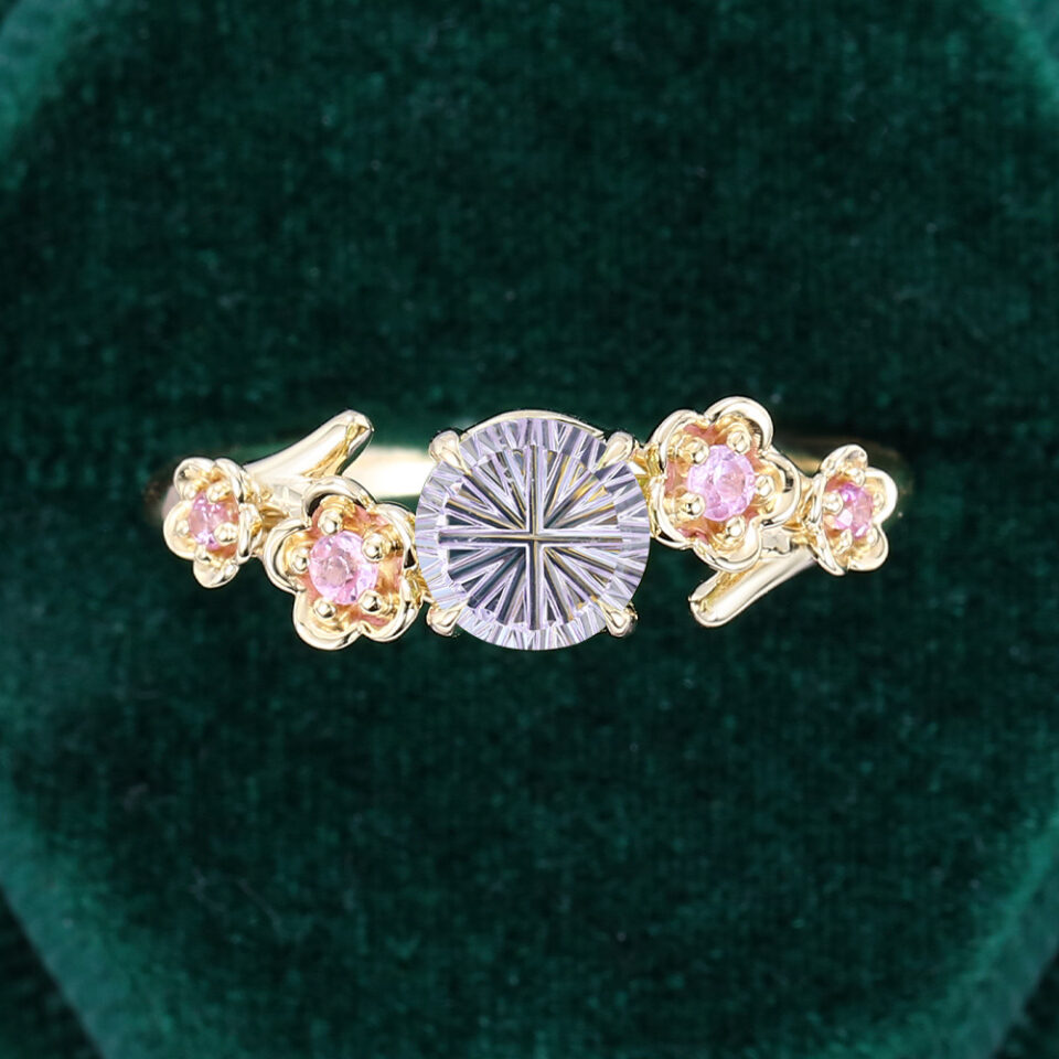Round Fantasy Cut Lavender Haze YAG Promise Ring Peridot Flourish Engagement Ring (6)