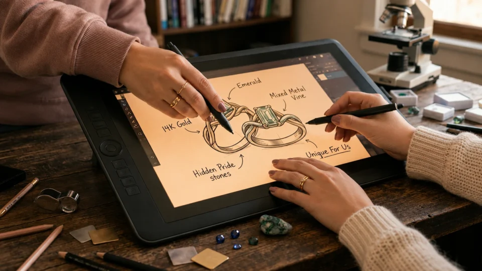 Same-sex couple designing custom vine-style rings on a digital tablet