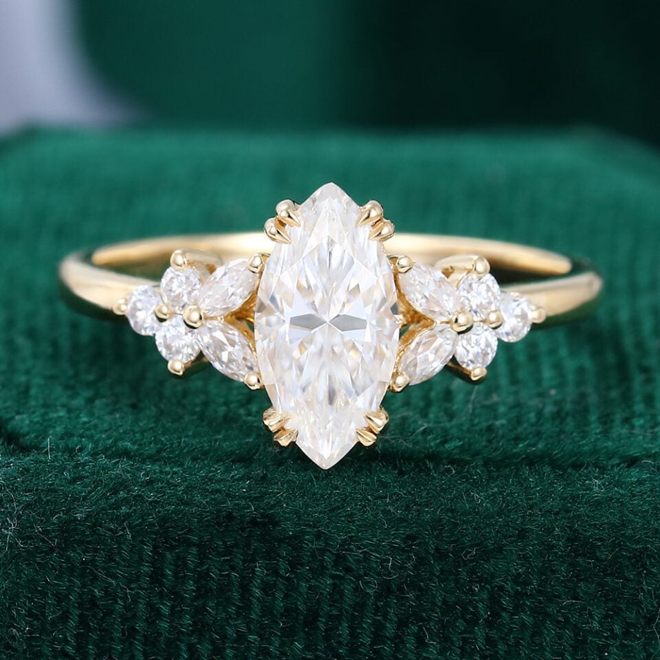 Ships Now | Marquise Cut Moissanite Blossom Engagement Ring in 10K Yellow Gold (Size 5US)