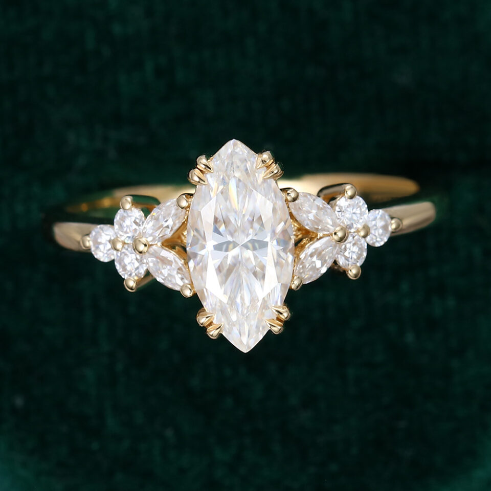 Ships Now Marquise Cut Moissanite Blossom Engagement Ring in 10K Yellow Gold (Size 5US) (3)