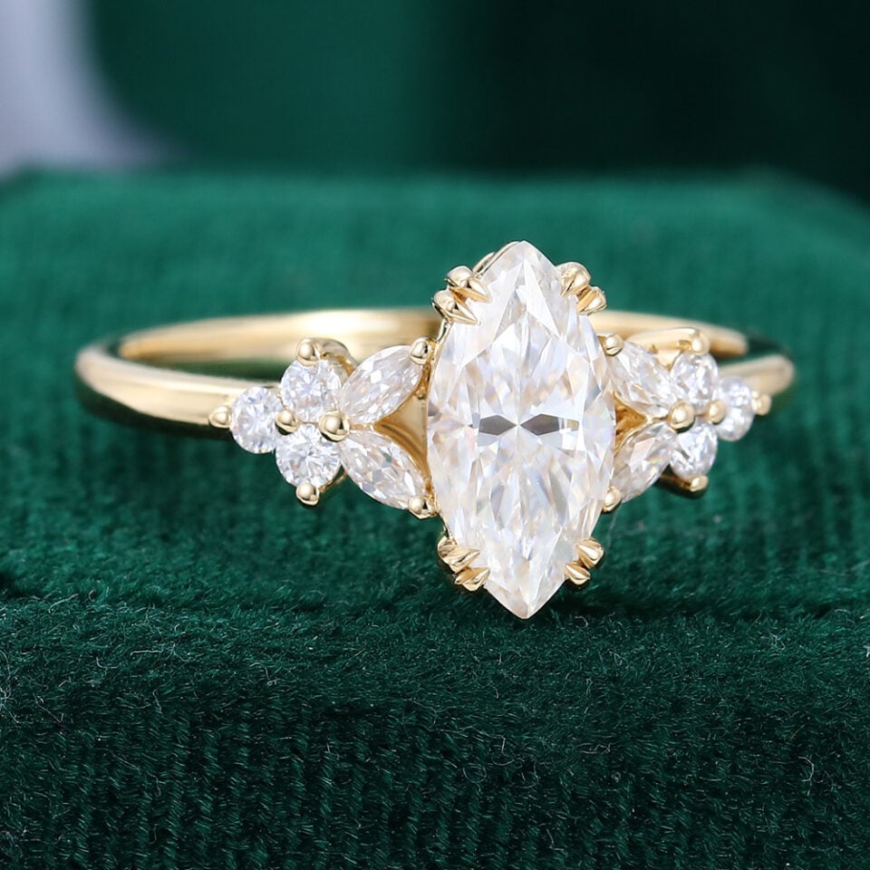 Ships Now Marquise Cut Moissanite Blossom Engagement Ring in 10K Yellow Gold (Size 5US) (4)