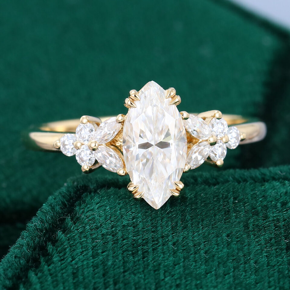 Ships Now Marquise Cut Moissanite Blossom Engagement Ring in 10K Yellow Gold (Size 5US) (6)
