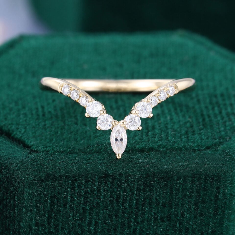 Ships Now | Marquise Cut Moissanite V-Shaped Curved Wedding Band in 14K Yellow Gold (Size 9US)