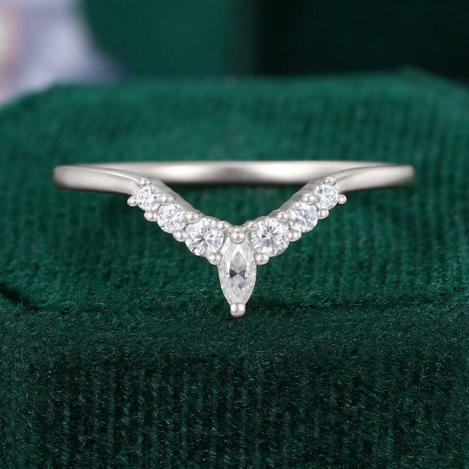 Ships Now | Marquise & Round Cut Moissanite Curved Wedding Band in 14K White Gold (Size 9US)