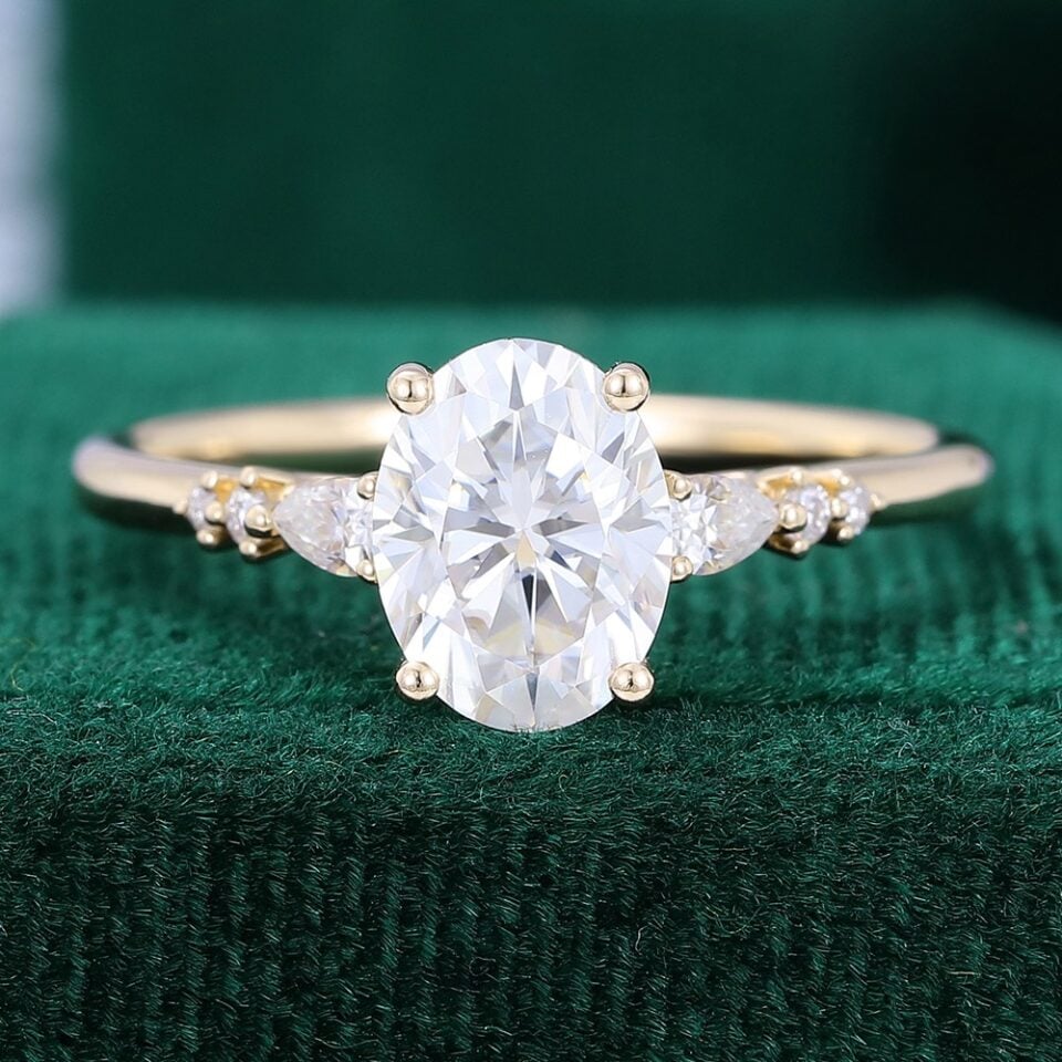 Ships Now | Oval Cut Moissanite Tapered Line Engagement Ring in 14K Yellow Gold (Size 9US)