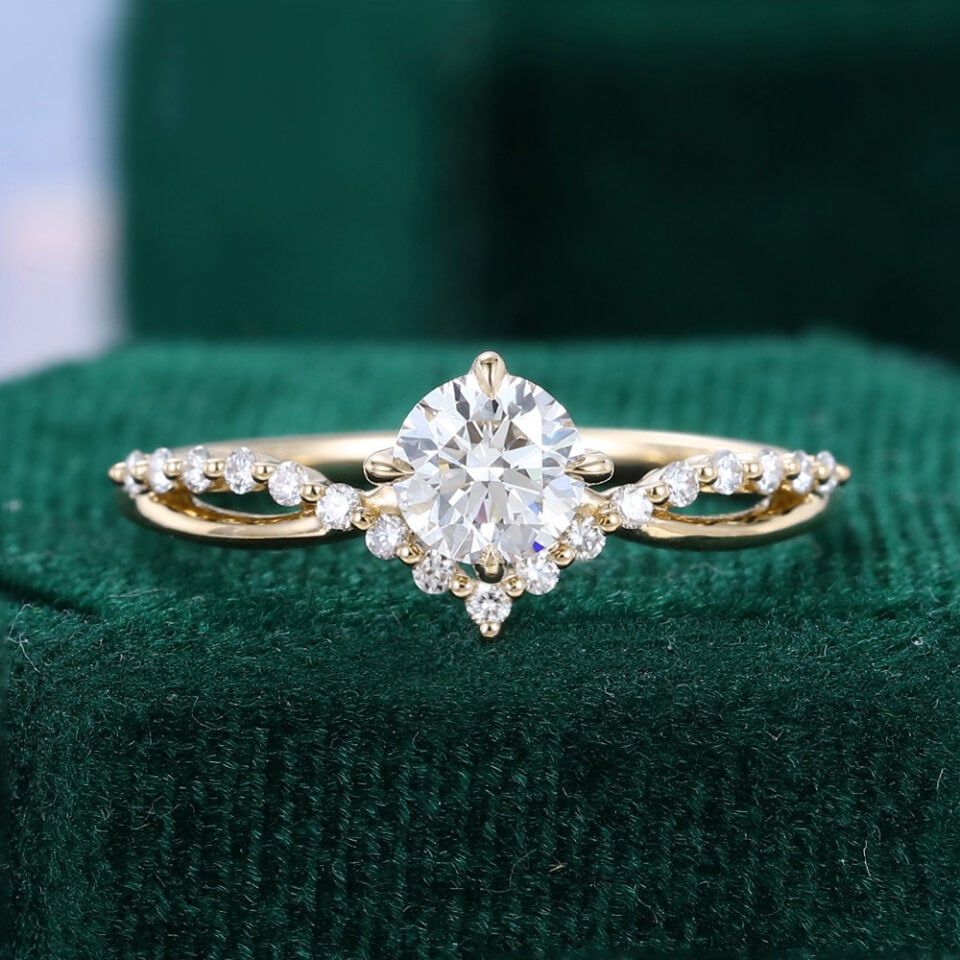 Ships Now | Round Cut Moissanite Split Shank Engagement Ring in 10K Yellow Gold (Size 8.5US)