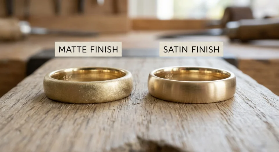 Side-by-side comparison of minimal men's custom 18K gold bands, featuring the brushed texture of a matte finish versus the smooth sheen of a satin finish