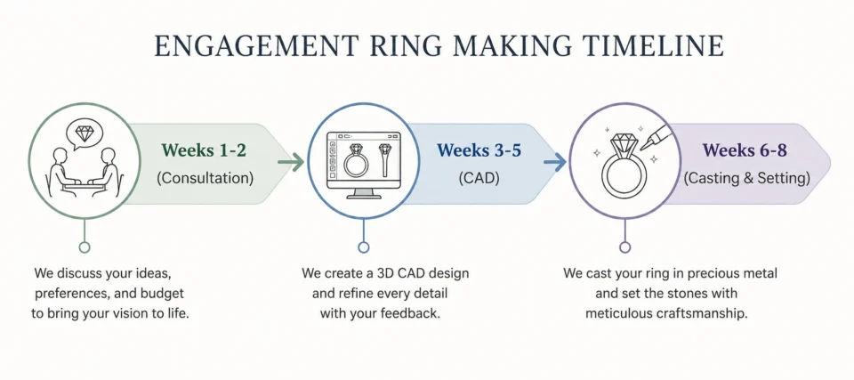 Step by step custom engagement ring timeline infographic guide