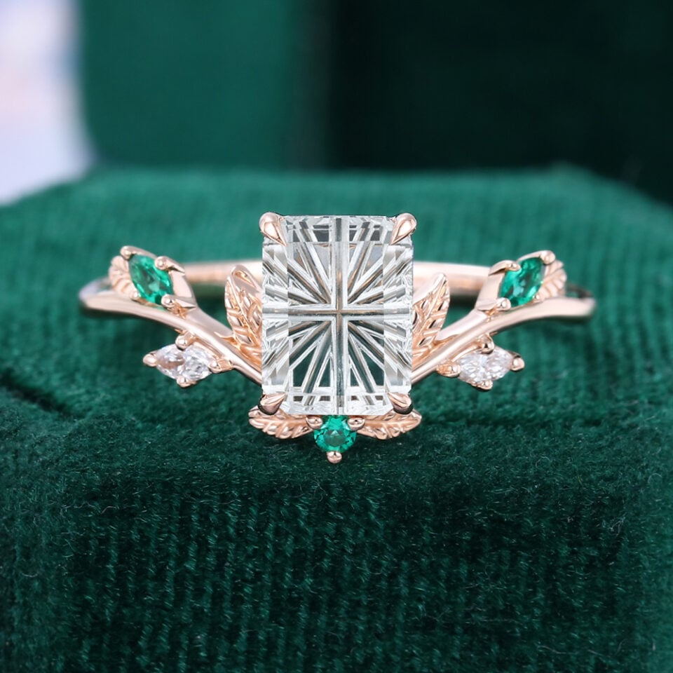 Sylvan Crown | Fantasy Cut Emerald Shaped Moissanite Band Unique Emerald Leaf Engagement Ring