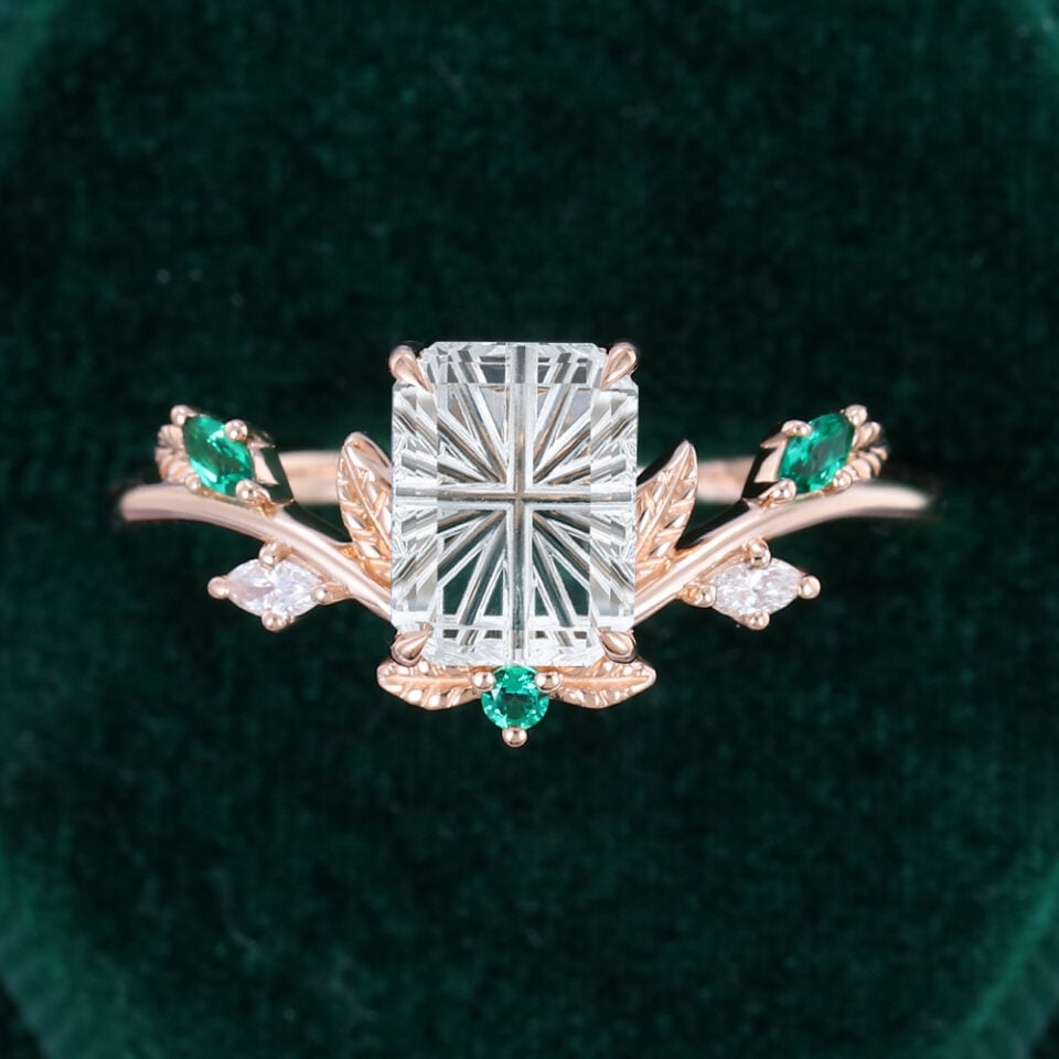 Sylvan Crown Emerald Fantasy Cut Moissanite Band Unique Emerald Leaf Engagement Ring (3)