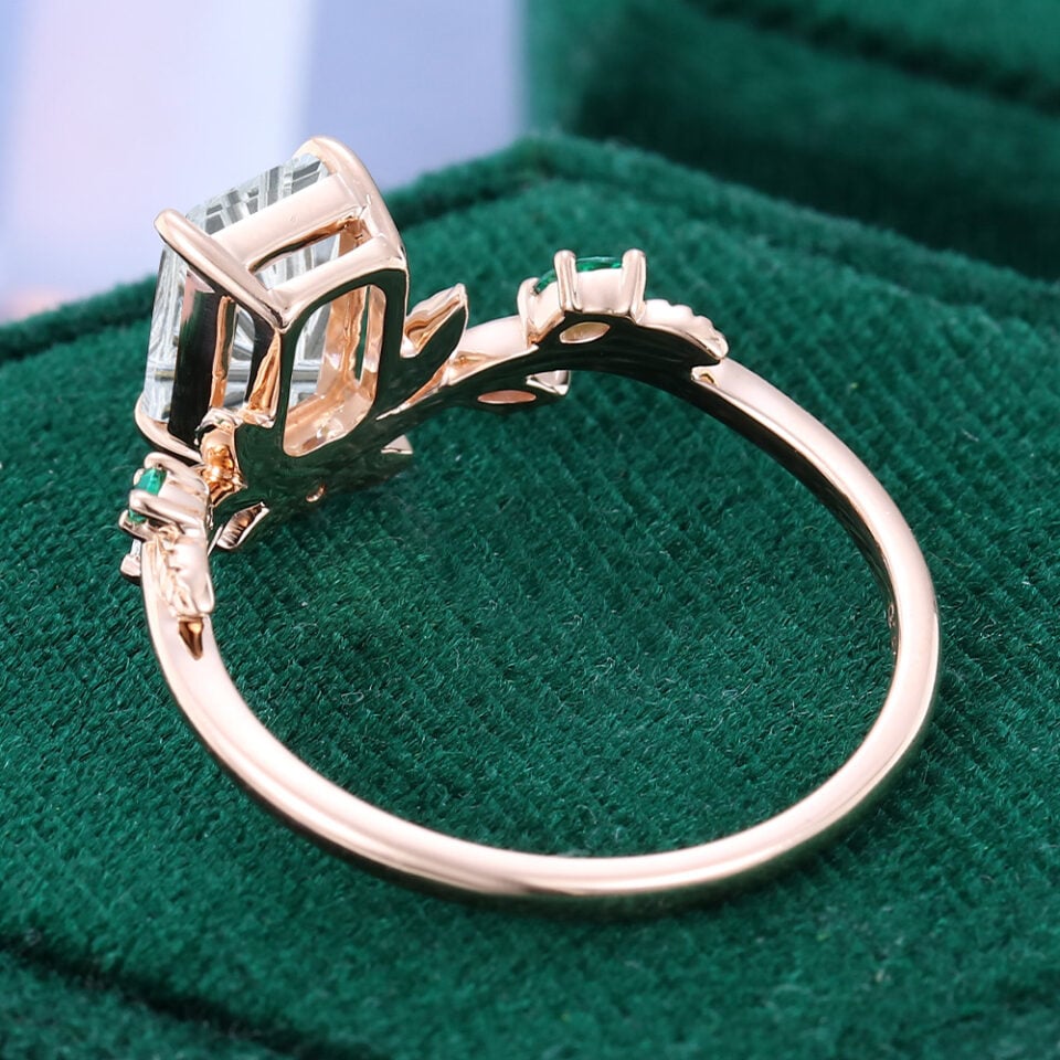 Sylvan Crown Emerald Fantasy Cut Moissanite Band Unique Emerald Leaf Engagement Ring (4)